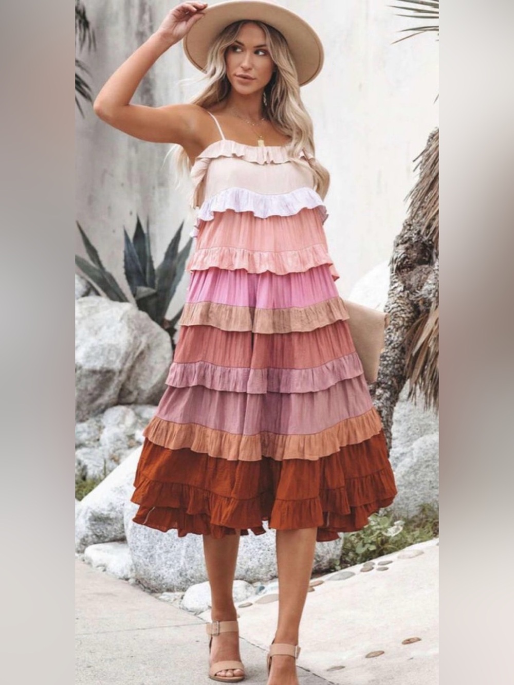 Storia Tiered Ruffle Midi Dress in Pink and Rust Tones S